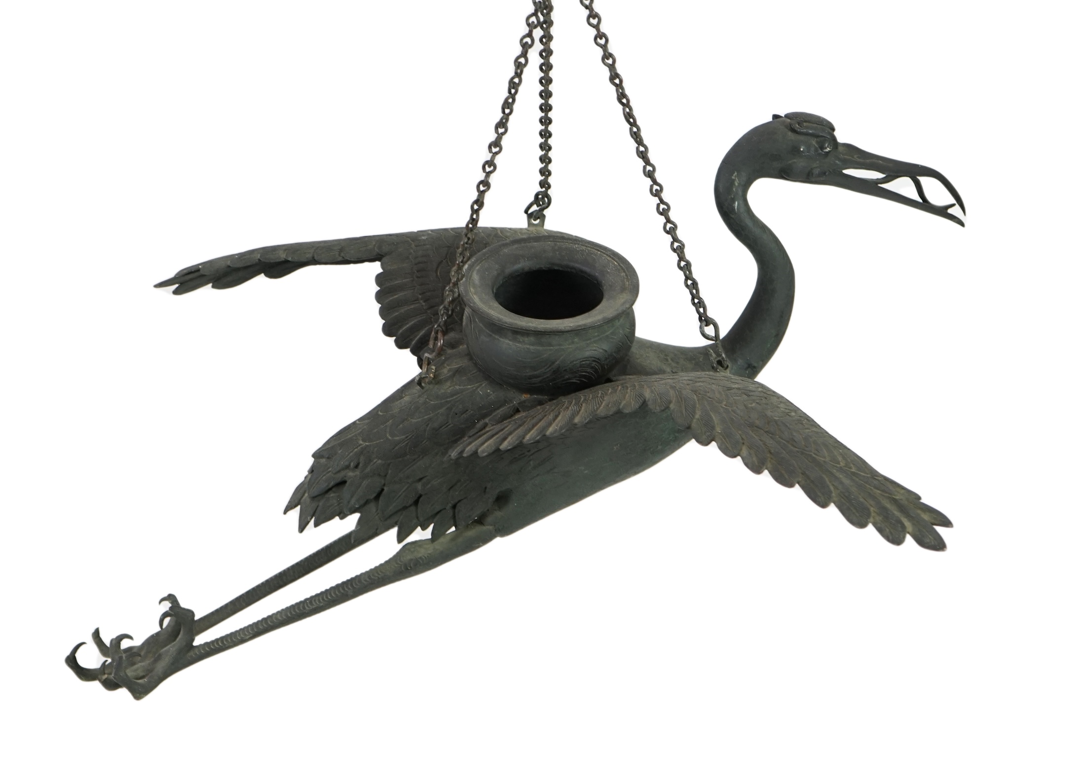 A large Japanese bronze ‘crane’ hanging lamp, 19th century